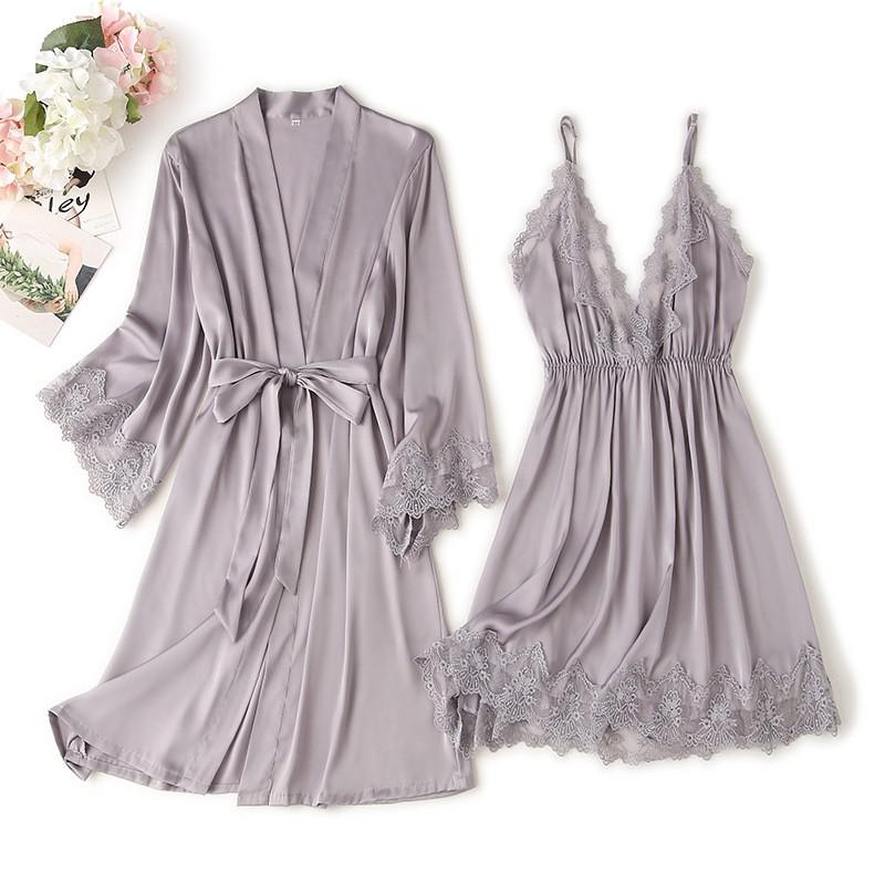 Sexy Loose Satin Nightgown and Kimono