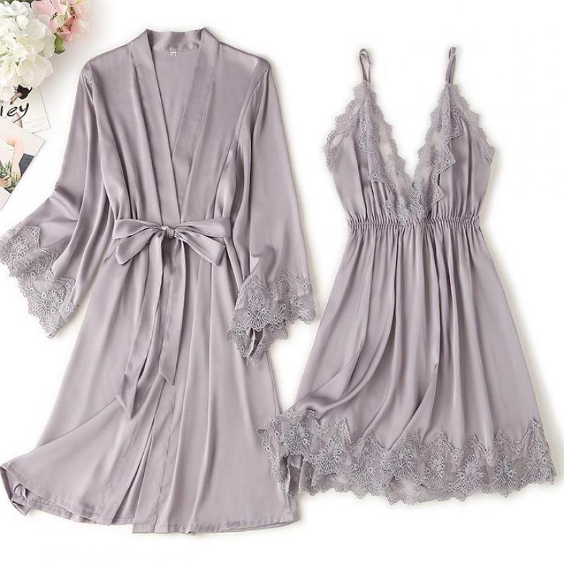 Sexy Loose Satin Nightgown and Kimono