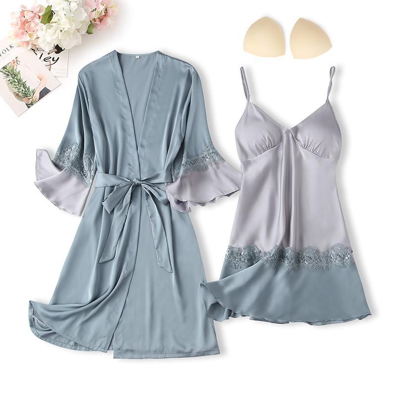 Sexy Loose Satin Nightgown and Kimono